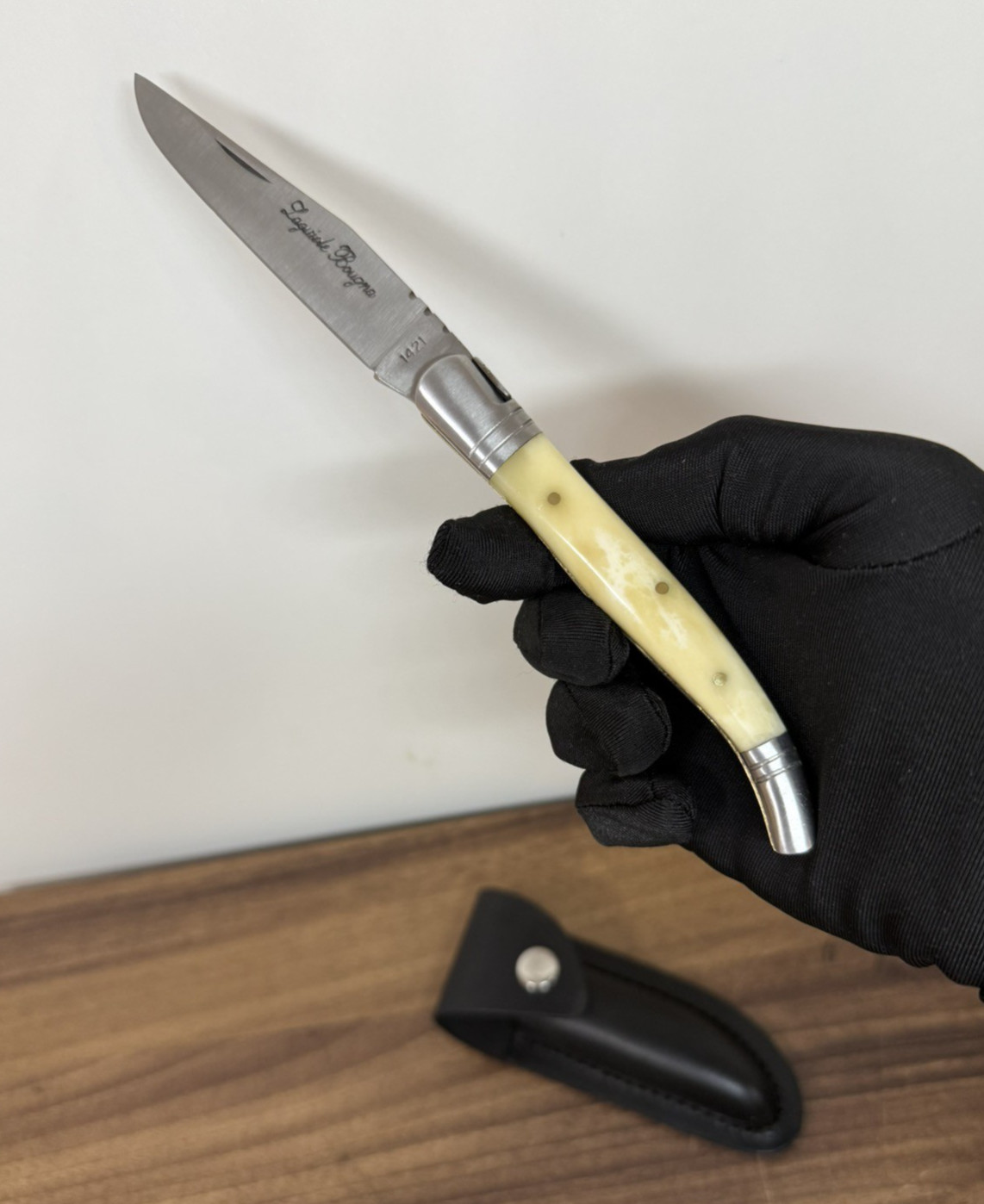 Vintage Laquiole Pocket Knife Blade Steel Antler Handle Leather Sheath Mens Rare