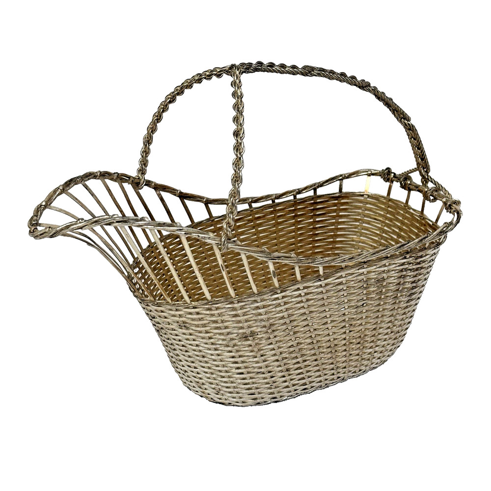 Vintage Silver Plated Woven Metal Wine Pourer Basket Bottle Holder