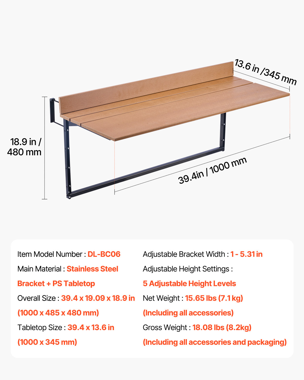 Balcony Hanging Table 15 x 39 in Outdoor Patio Railing Bar Table Adjusable