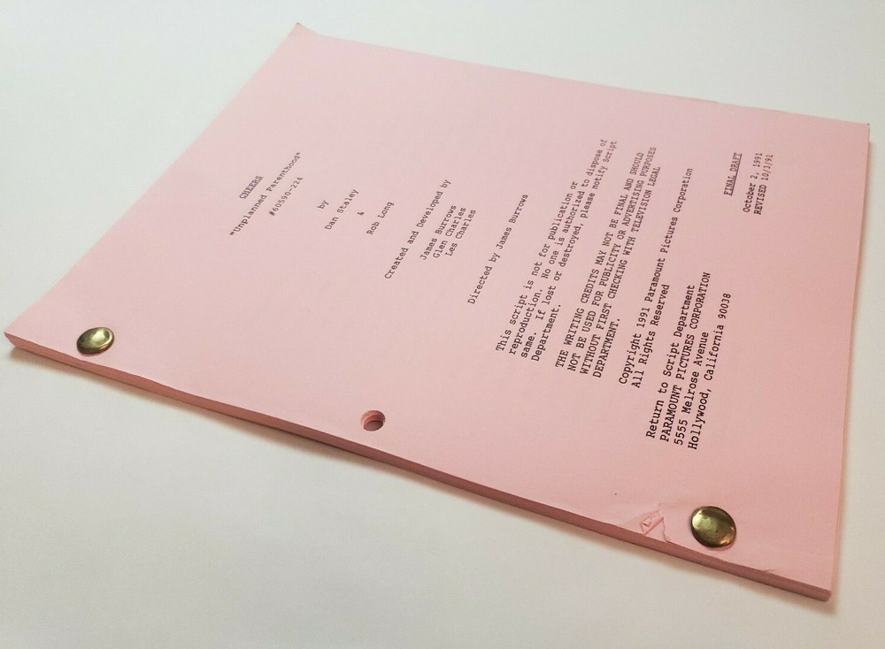 CHEERS / Dan Staley & Rob Long 1991 TV Script, Ted Danson "Unplanned Parenthood"