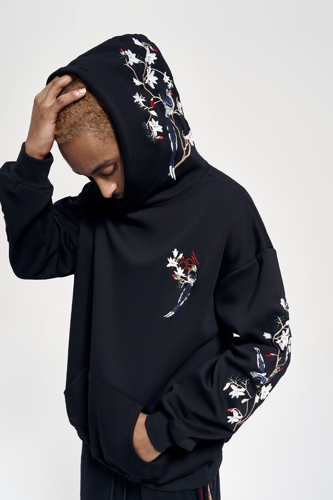 Niepce Birds and Flowers Embroidered Black Hoodie Japanese Streetwear Sweatshirt