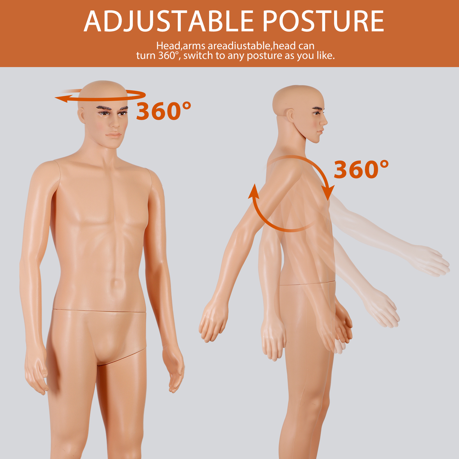 Adjustable Male Mannequin Egghead Plastic Full Body Dress Form Display Base 72"