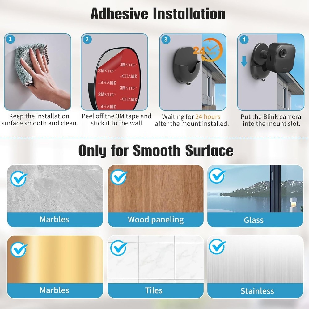 No Drill Blink Camera Mounts - 3-Pack Adhesive Wall Bracket for Flexible Angles