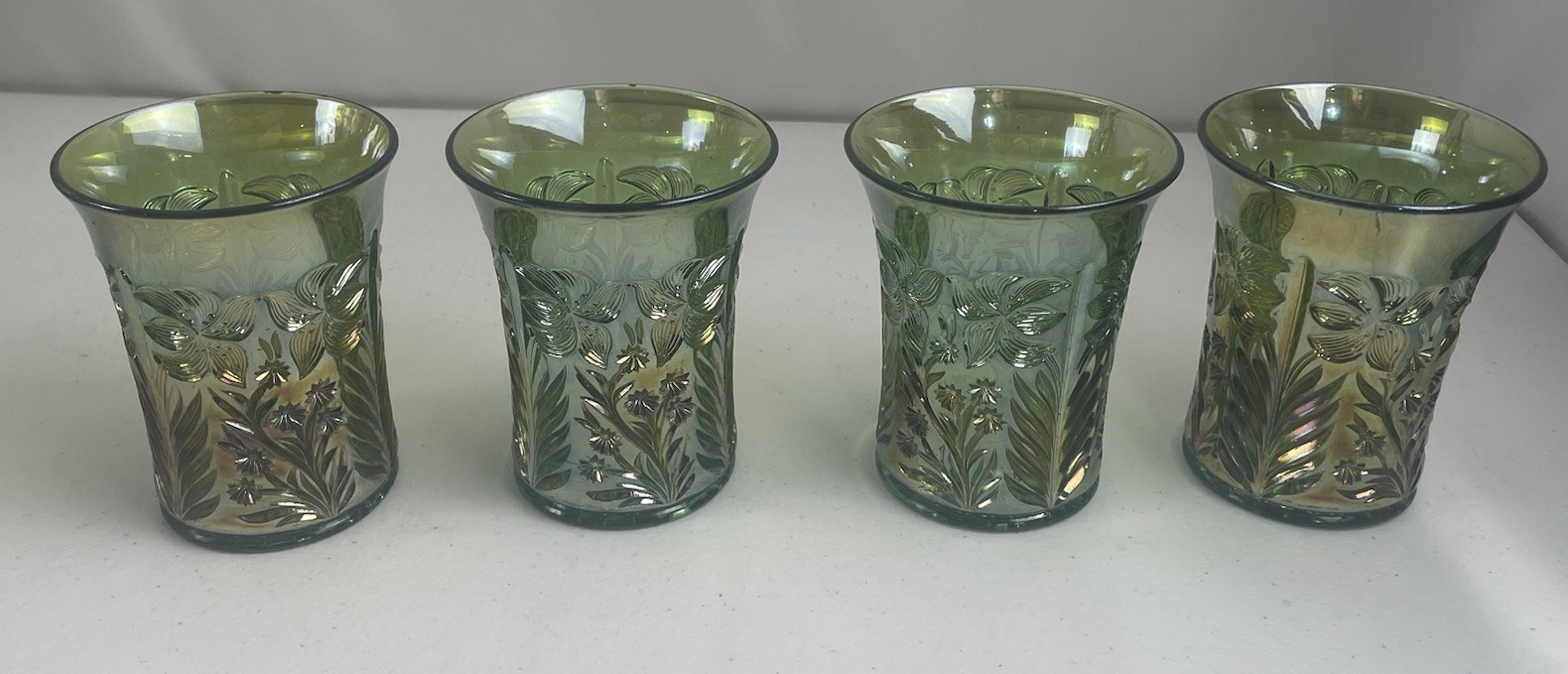 RARE IMPERIAL GREEN CARNIVAL GLASS TIGER LILY PATTERN 5 PC WATER SET