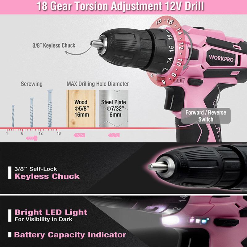 WORKPRO Pink Cordless Drill Driver Set 12V Screwdriver Driver 3/8" Keyless Chuck