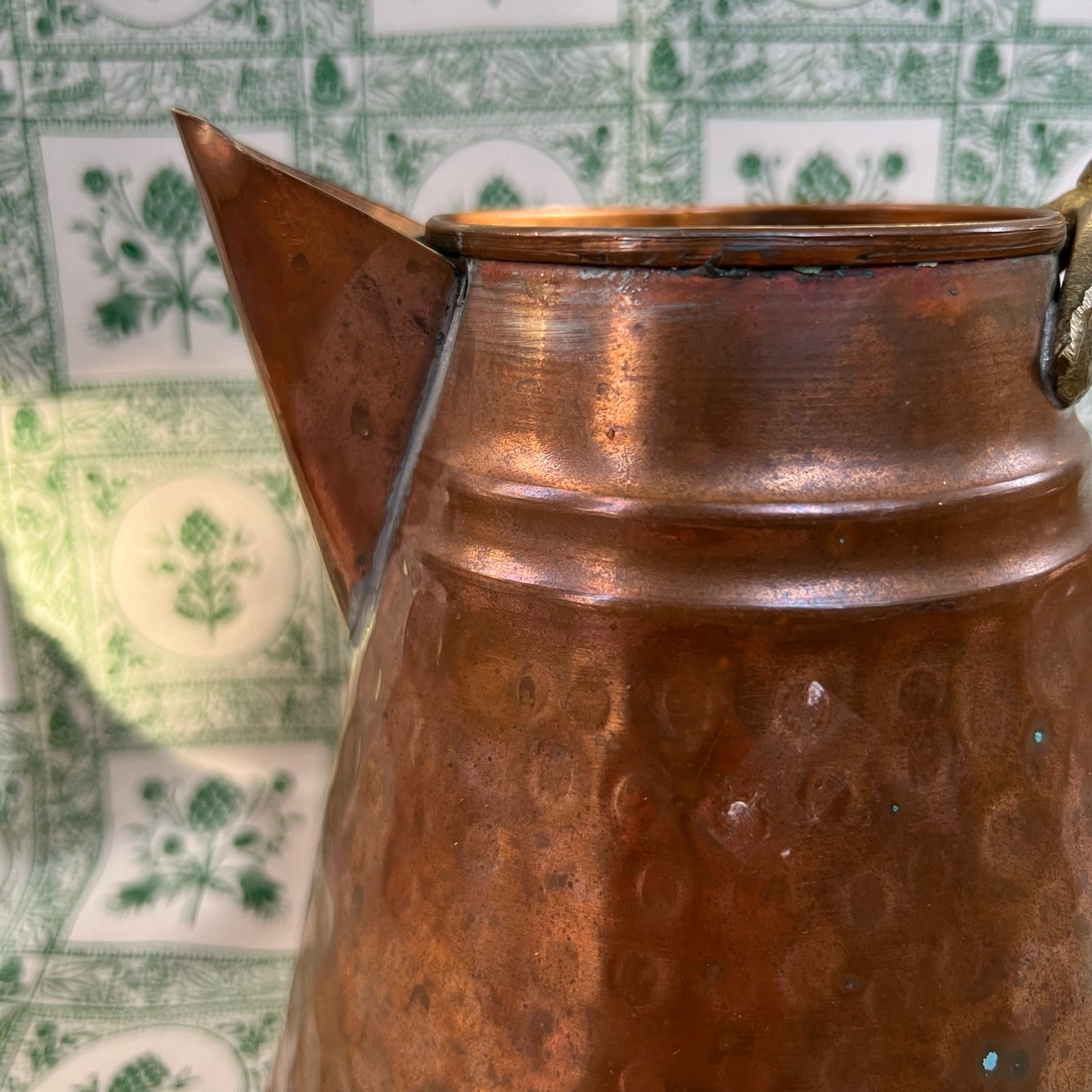 Vintage 1950s Hammered Copper Pitcher Jug Brass Handle Rustic Kitchen Decor