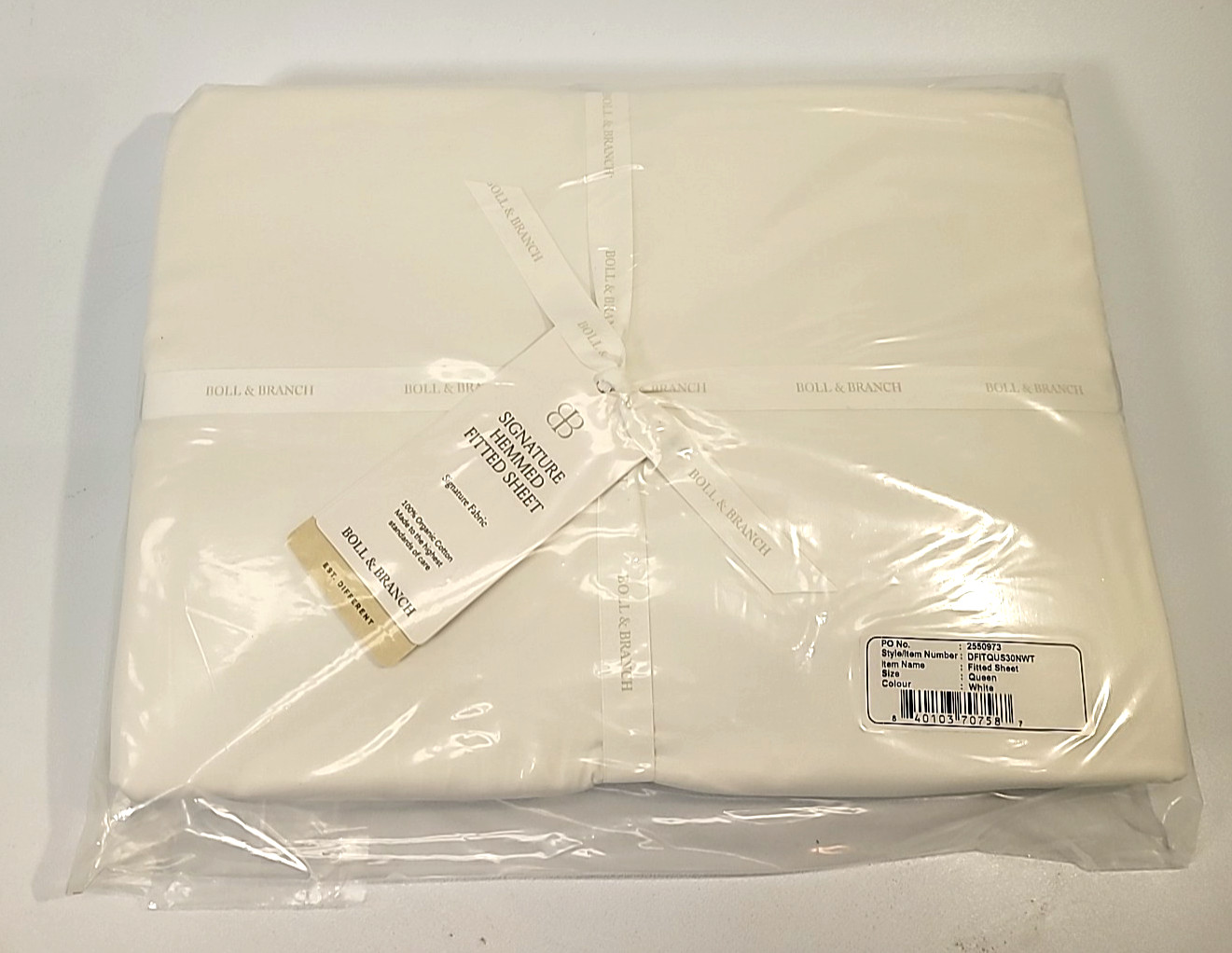 Boll & Branch Signature Hemmed Fitted Bed Sheet Queen White 100% Organic Cotton