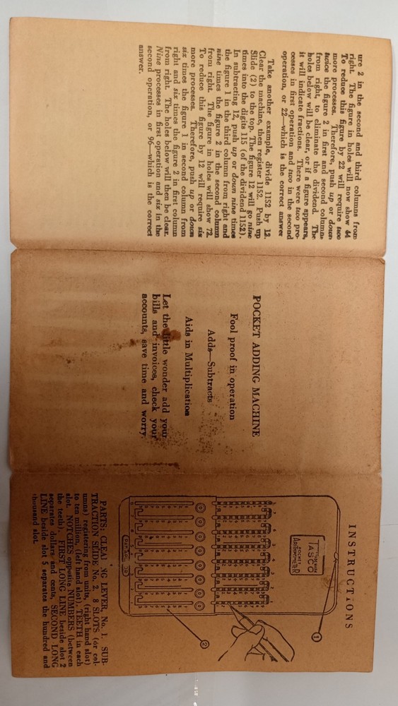 Tasco Arithmometer Early Hand Held Adding Machine, No Stylus.