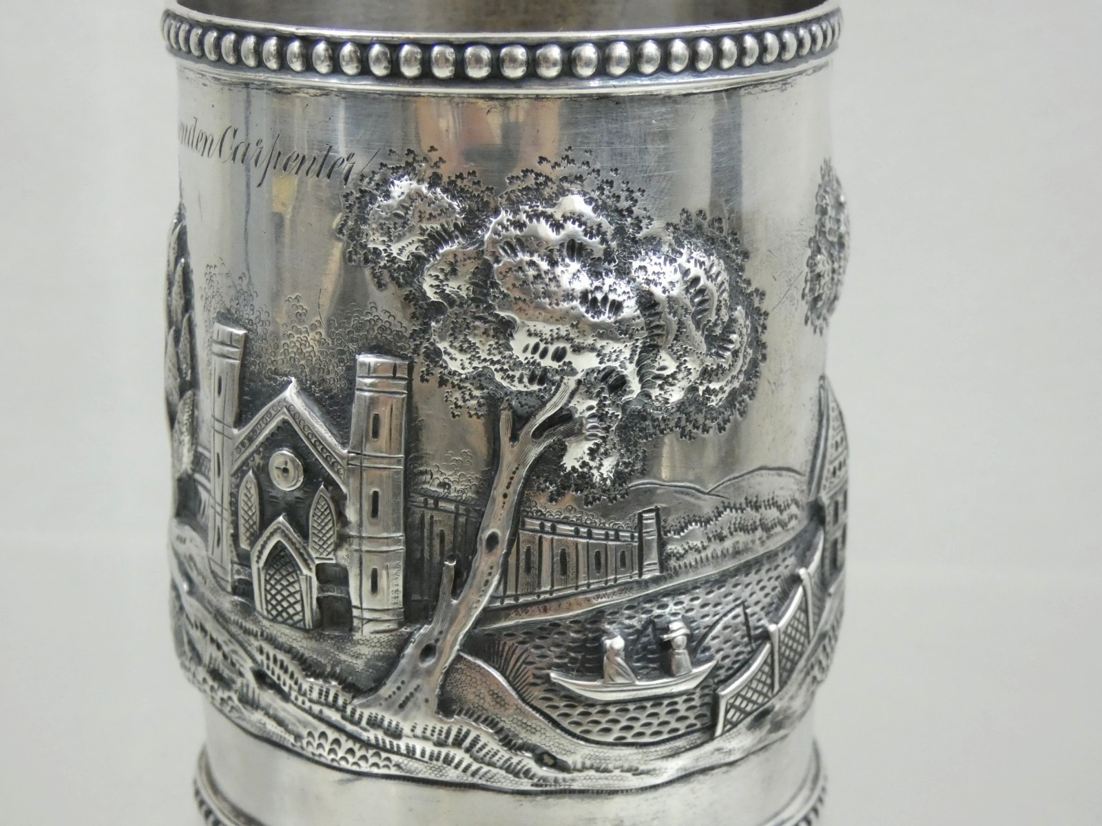 ANTIQUE AMERICAN COIN SILVER MUG CUP HAND CHASED REPOUSSE ARCHITECTURAL sterling