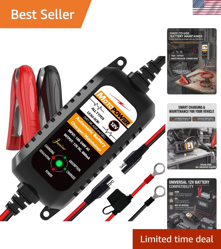 12V 800mA Automatic Battery Charger & Maintainer - Safe & Easy Operation