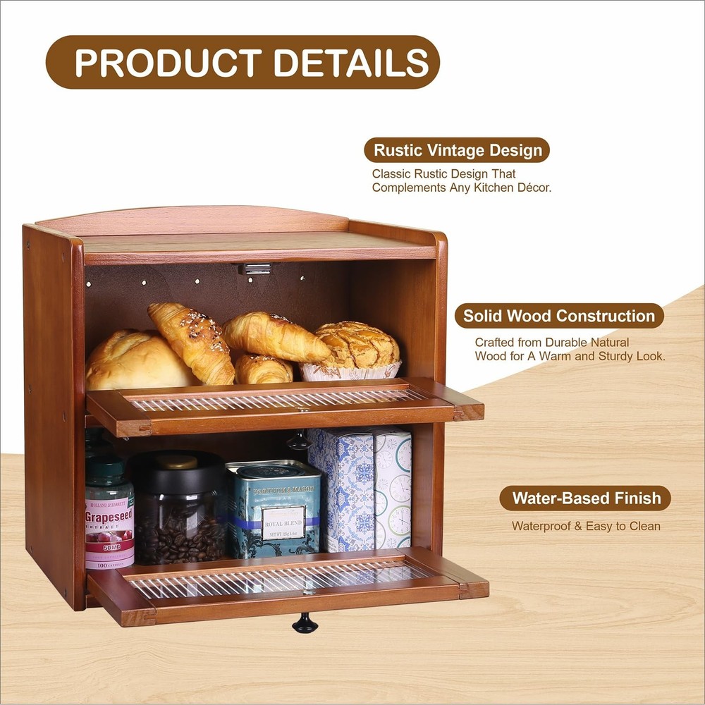 Bread box for Kitchen Countertop Double Layer Large, Solid Wooden Farmhouse B...
