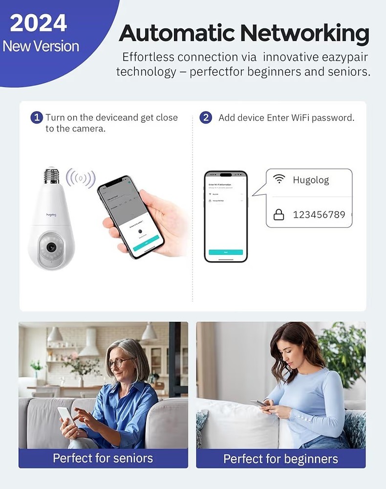 2K Wireless Light Bulb Security Cameras with Motion Detection & Night Vision
