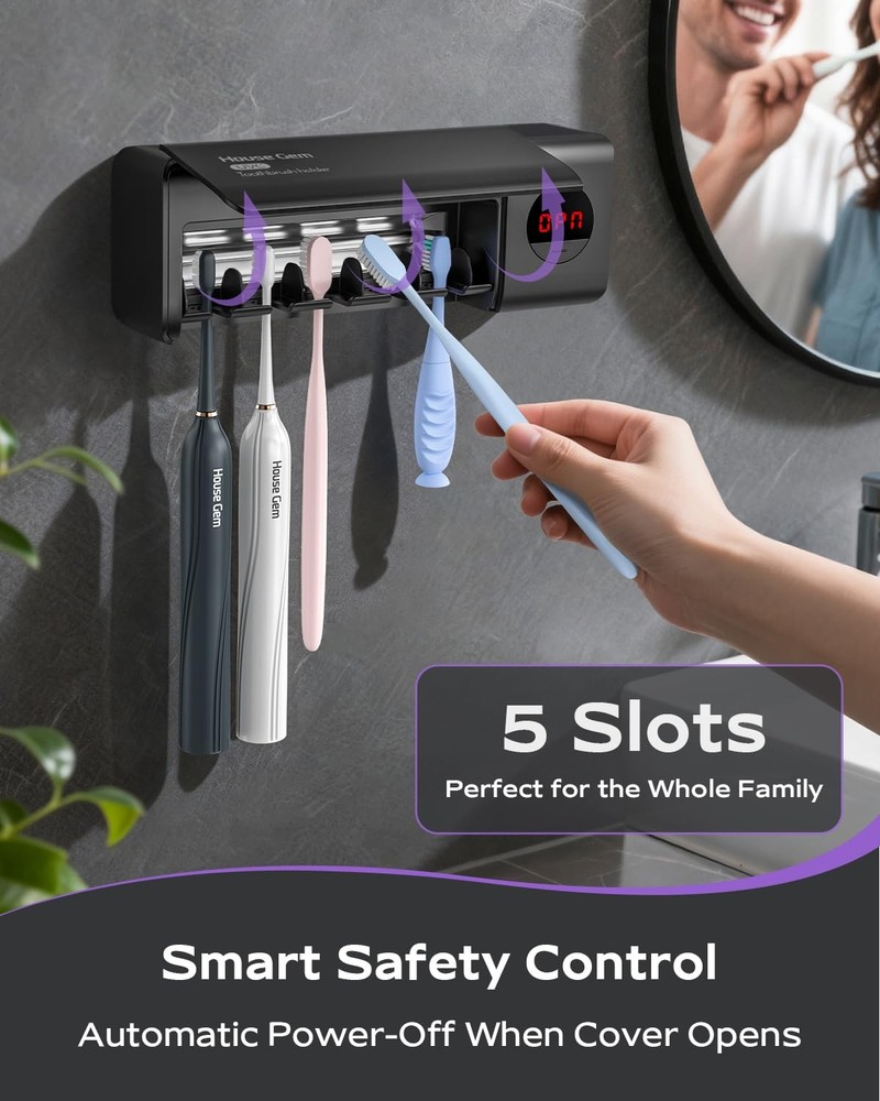 HouseGem Toothbrush Holder, Timer Function, 2000mAh Rechargeable Cordless Wal...