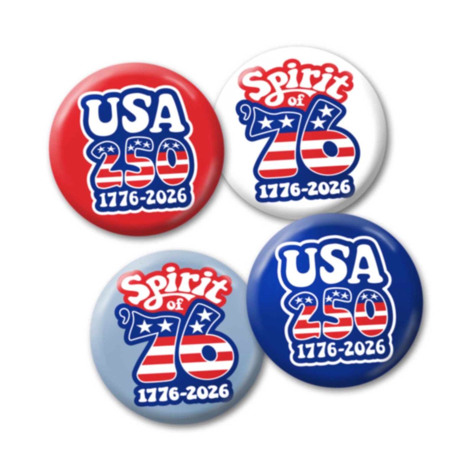 USA 250 - 25-pack Buttons - Revolution Assorted Designs 1776-2026 250th