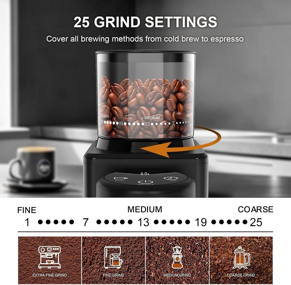 Electric Coffee Grinder with Smart Touch Control & 25 Precise Grind Settings