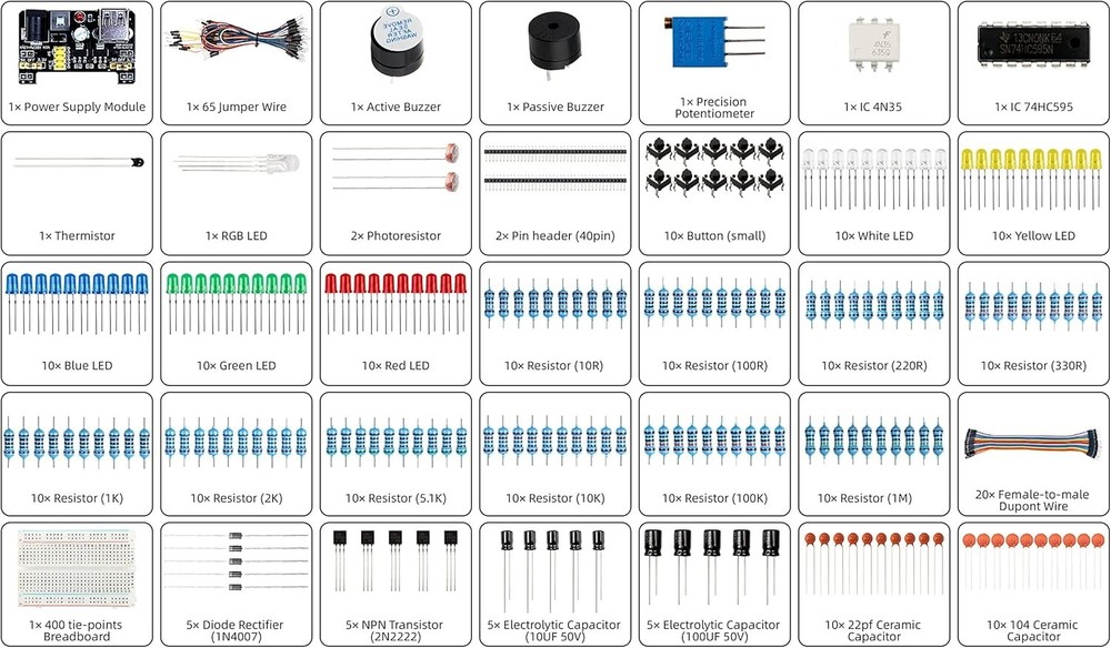 Beginner-Friendly Electronics Kit: Breadboard, Power Supply, Jumper Wires, LED