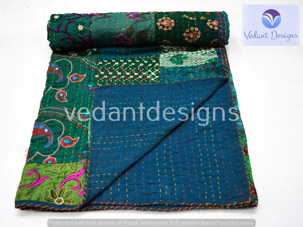 Indian Handmade Patchwork Kantha Quilt Reversible Bedspread Queen Cotton