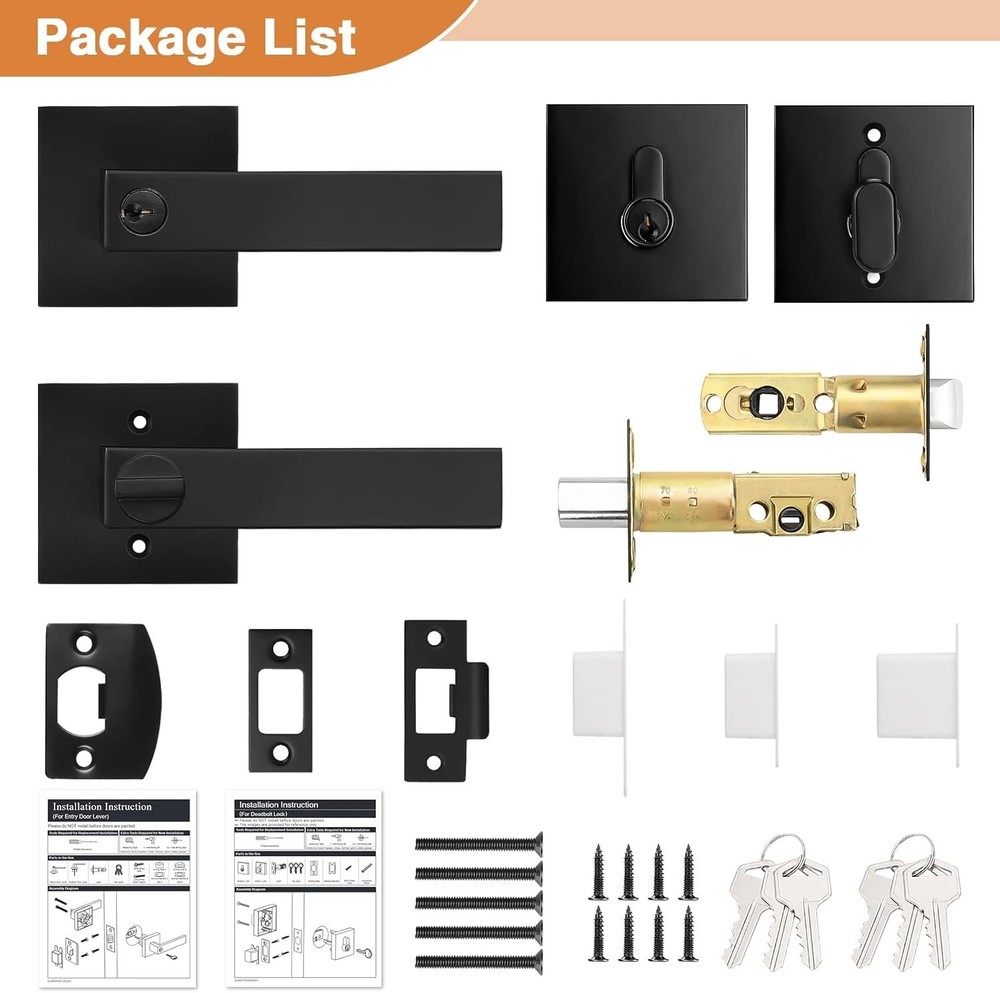 10 Pack Square Keyed Entry Levers & Single Cylinder Deadbolt Combo Flat Black