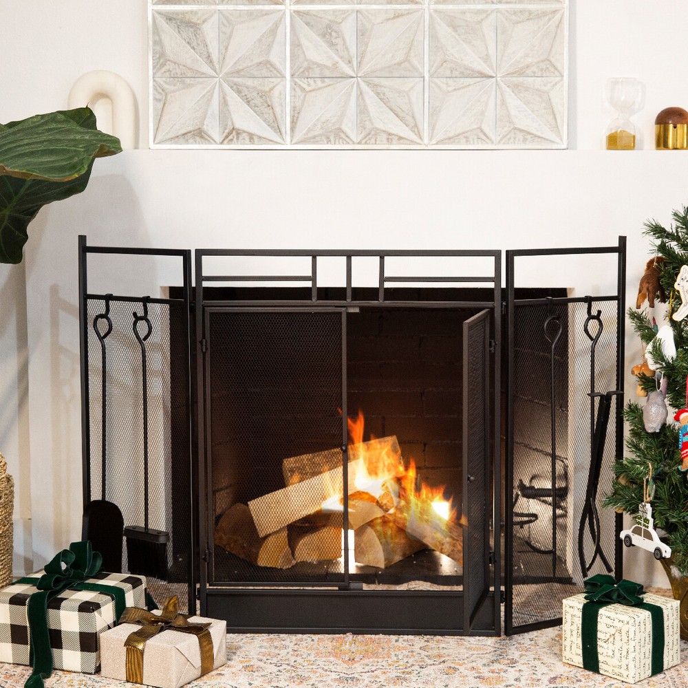 3 Panel Fireplace Screen Fire Spark Guard Hinged Doors With 4-Fireplace Tools