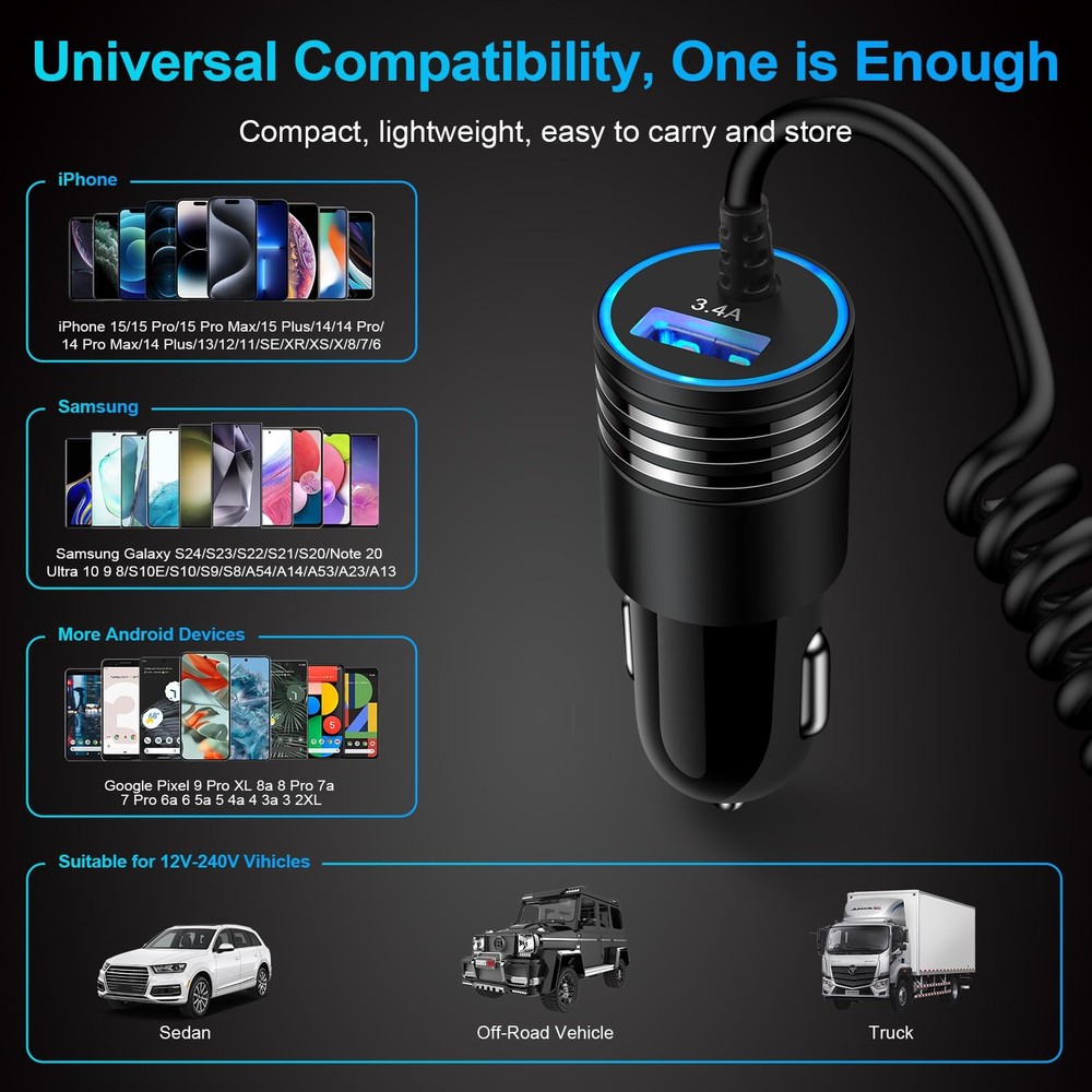 Android Car Charger Fast Charging Cord 3.4A USB Cigarette Lighter Adapter wit...