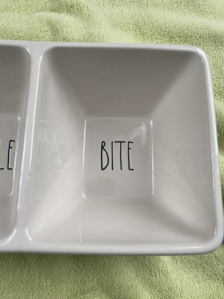 Rae Dunn White Ceramic “SNACK" "NIBBLE" & "BITE" 3-Compartment Dip Tray EUC!!
