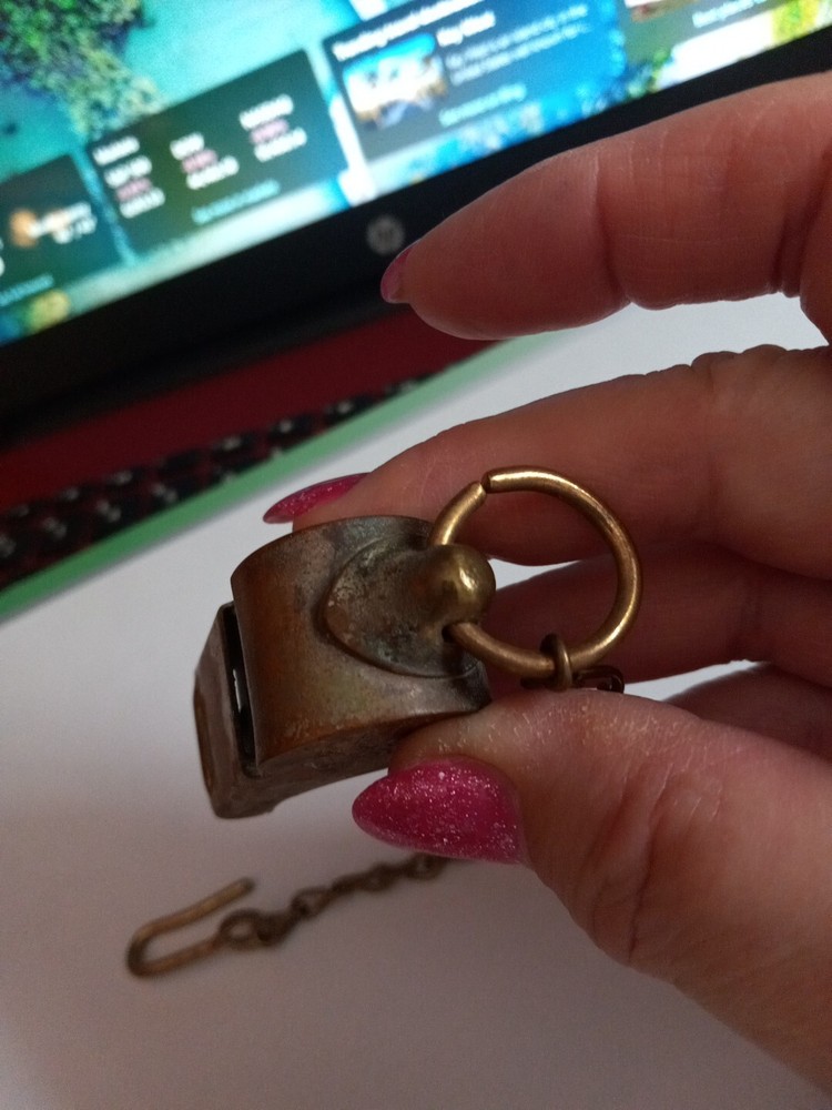 Antique Vintage Solid Brass Whistle USA w/Chain