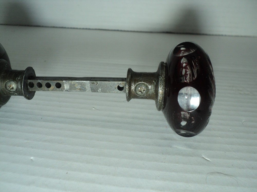 Antique Bohemian Czech Ruby Red Cut Glass Swirl Starburst Door Knobs