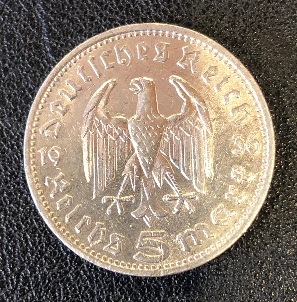 1936 D  German Germany 5 Five Mark SILVER World Coin WWII
