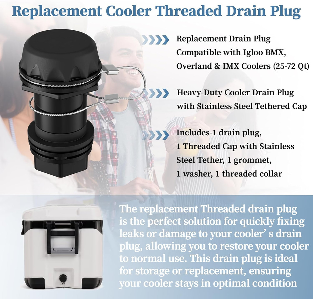 Black Cooler Drain Plug Replacement with Stainless Steel Tether, Leak-Proof D...