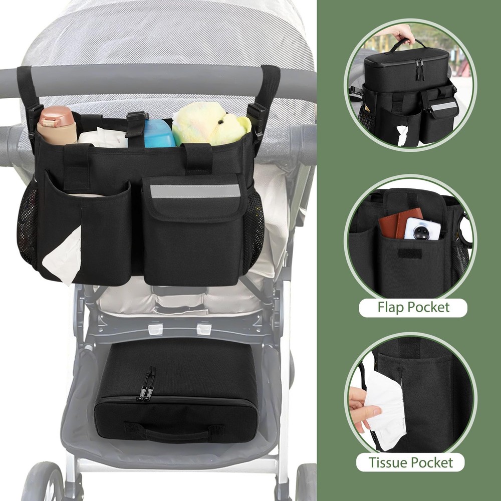 GRAOSO Universal Stroller Organizer Cooler Wagon Storage Handlebar Strap Black
