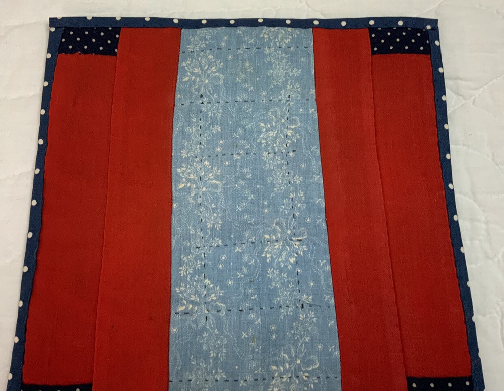 Vintage Antique Patchwork Quilt Table Topper, Log Cabin, Challis Wool, Red, Navy