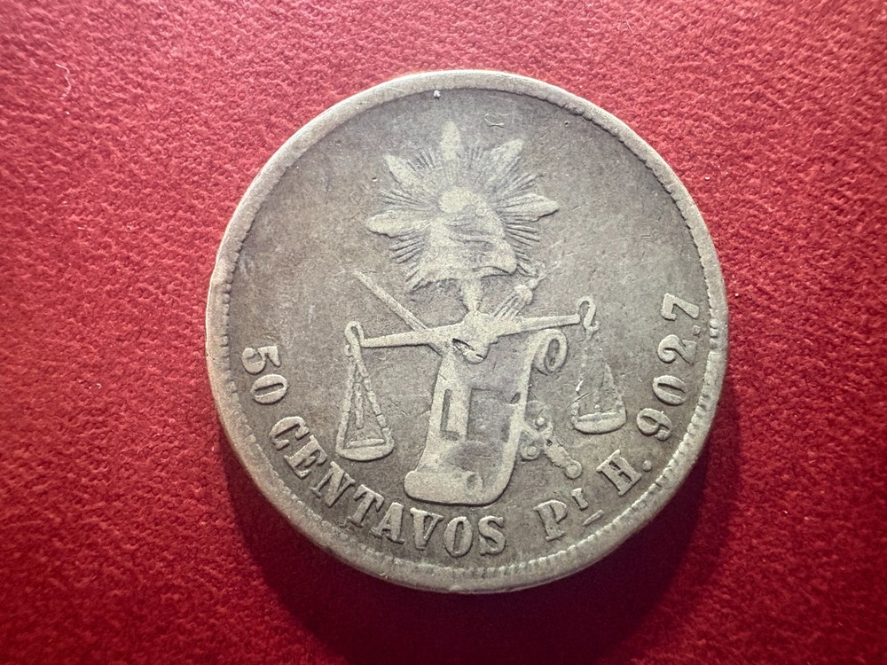 1883 Pi H 50 Centavos Mexico Silver Cap & Rays Better Date Coin