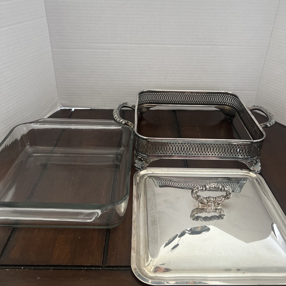 VTG Double Handle Silverplate Buffet Server w/Lid & Glass Baking Dish