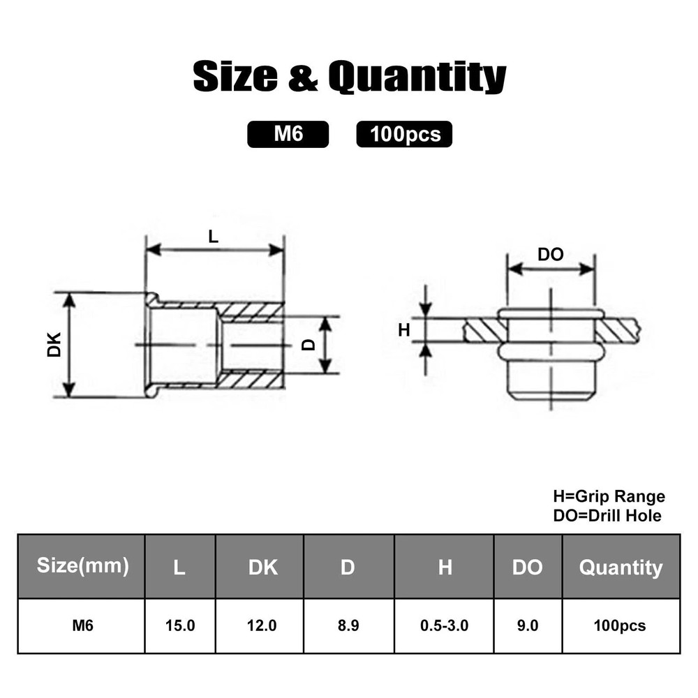 100Pcs M6 Rivet Nut 304 Stainless Steel Rivnut Threaded Insert Nut, Knurled B...