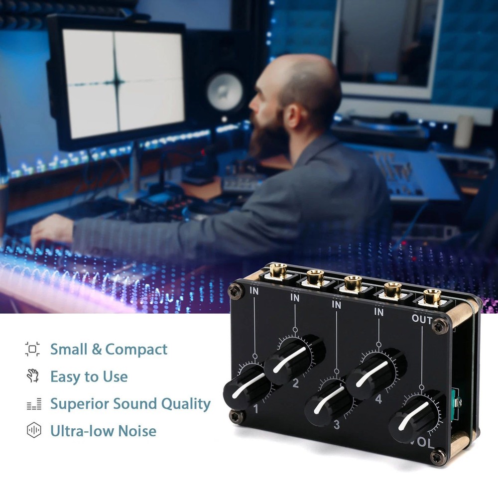 Stereo Audio Mixer With 4x 3.5mm input interfaces and 1x 3.5mm output interface