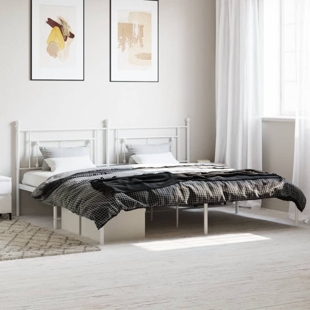 Bed Frame White Powder-Coated Steel Double Bed Frame