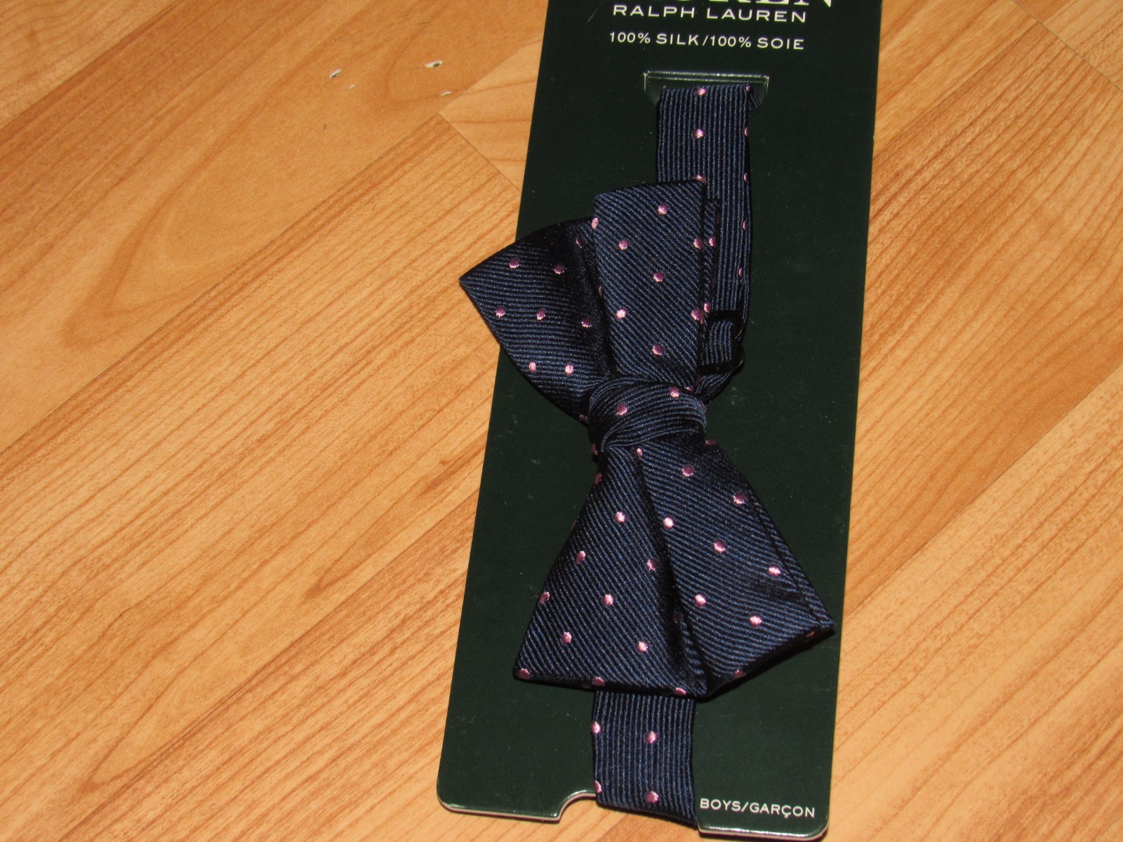 NWT New RALPH LAUREN Boy's 100% Silk Bow Tie Blue With Pink Dots Clasp On