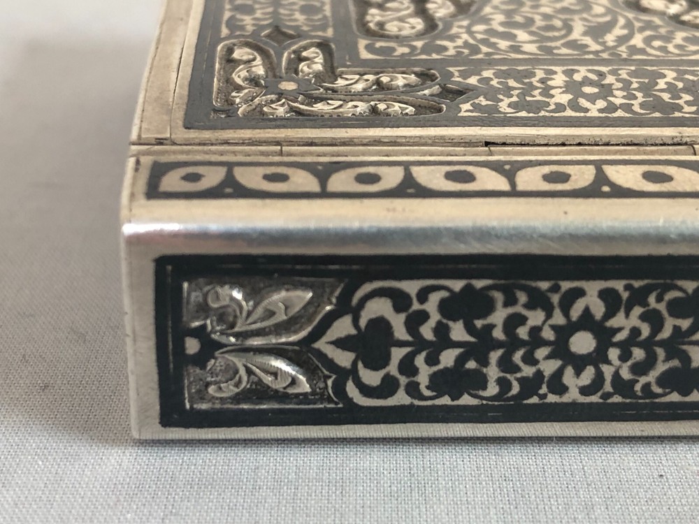 Antique Russian 84 Silver Niello Cigarettes Case in Middle Eastern Test.