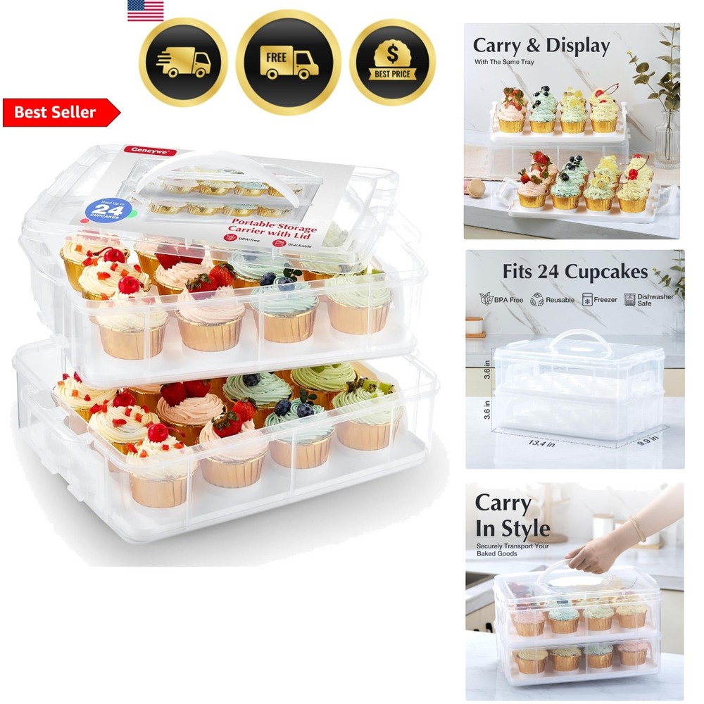 Plastic Cupcake Carrier 24 Count, 2-Layer Cupcake Holder Carries with Lid & H...