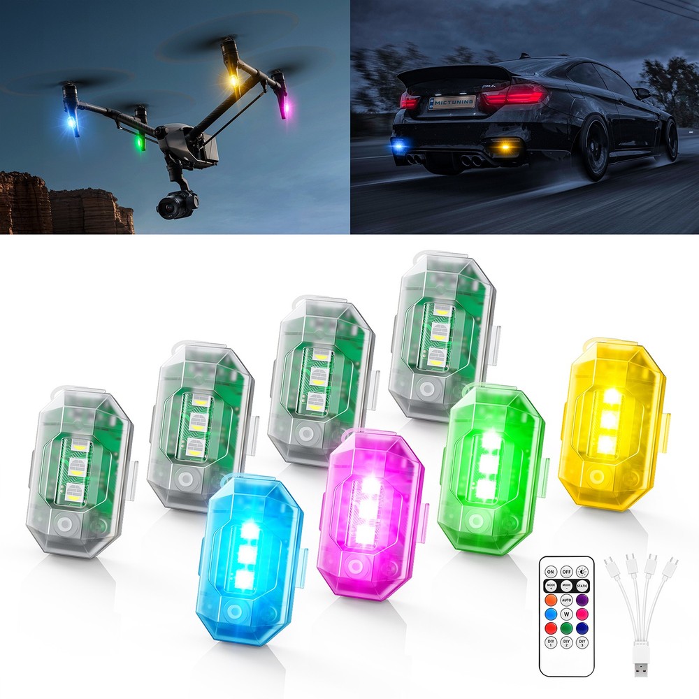 8PCS Wireless 3-LED Strobe Lights with Remote Control, 8 Colors USB Charging Car