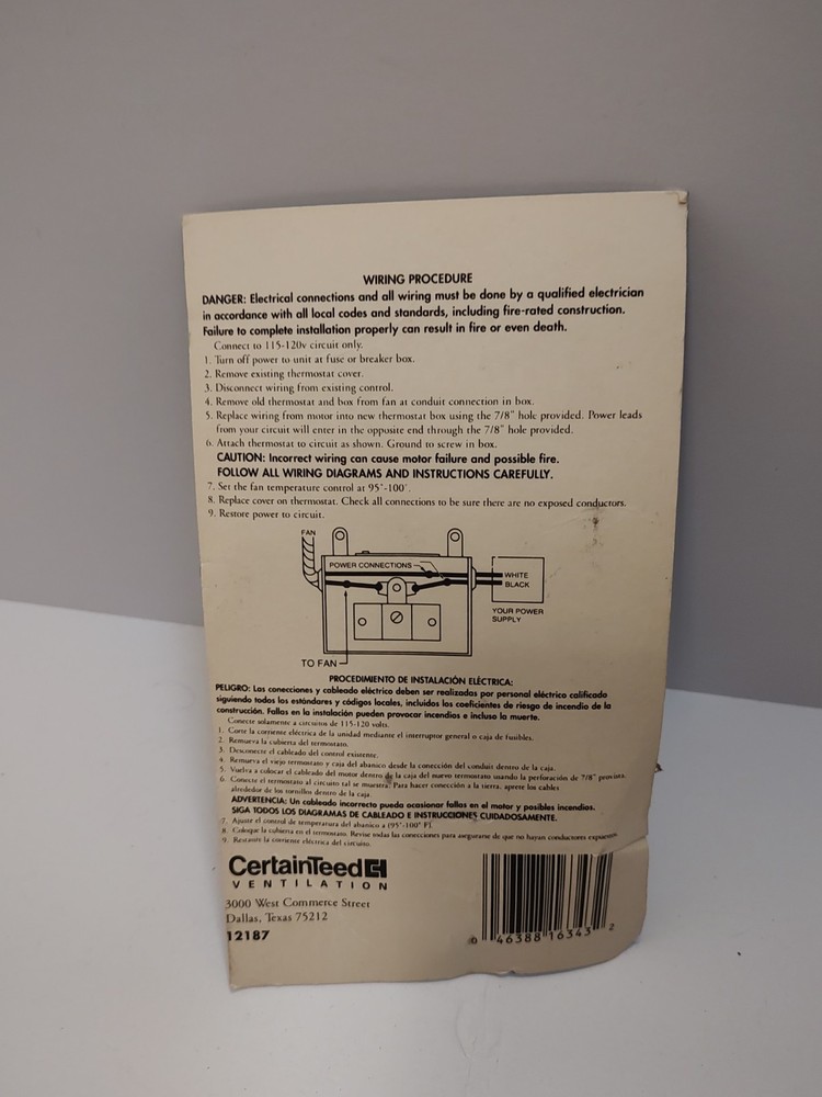 Certainteed Ventilation Adjustable Thermostat Control 12187