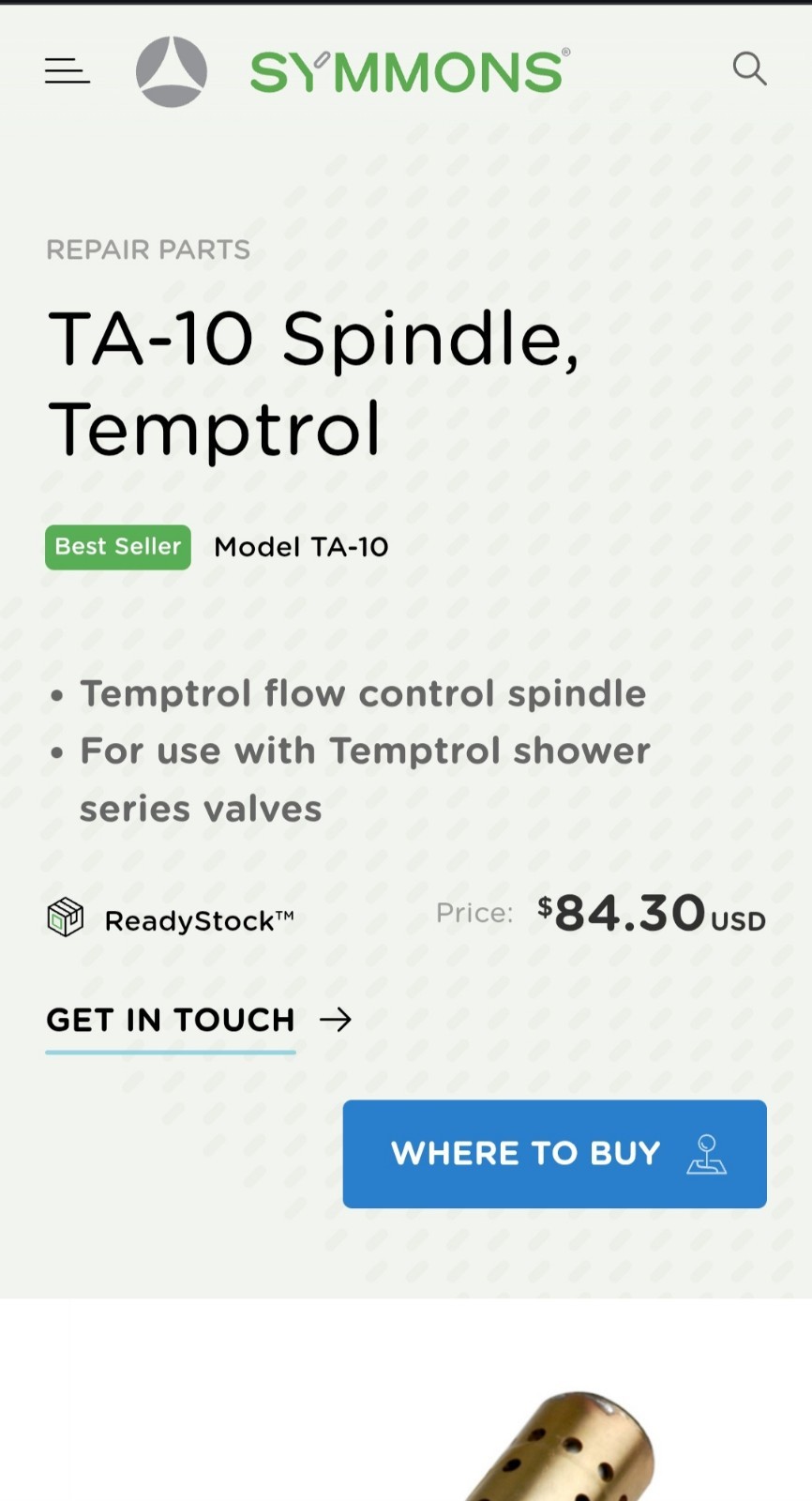 Symmons Genuine OEM TA-10 Temptrol Stem Cartridge Flow Control Spindle Assembly