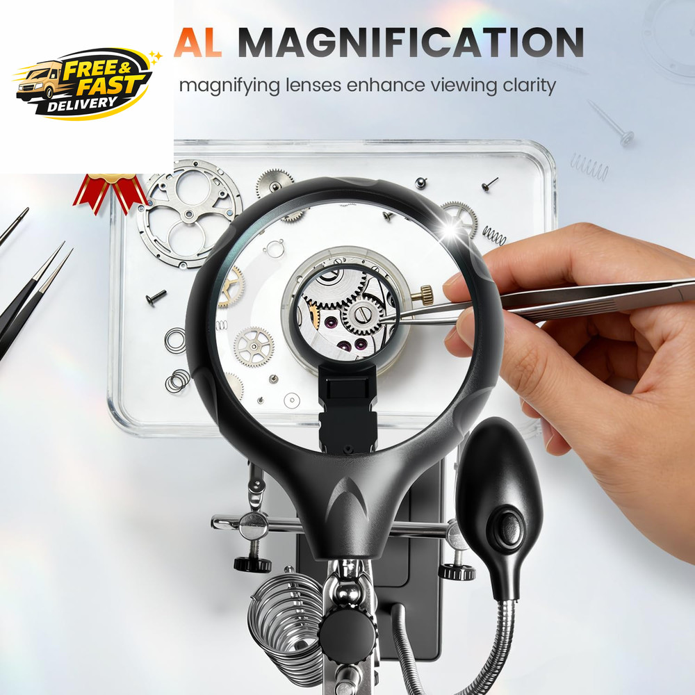 Desktop LED Lighted Magnifying Glass Soldering Station, Adjustable Helping