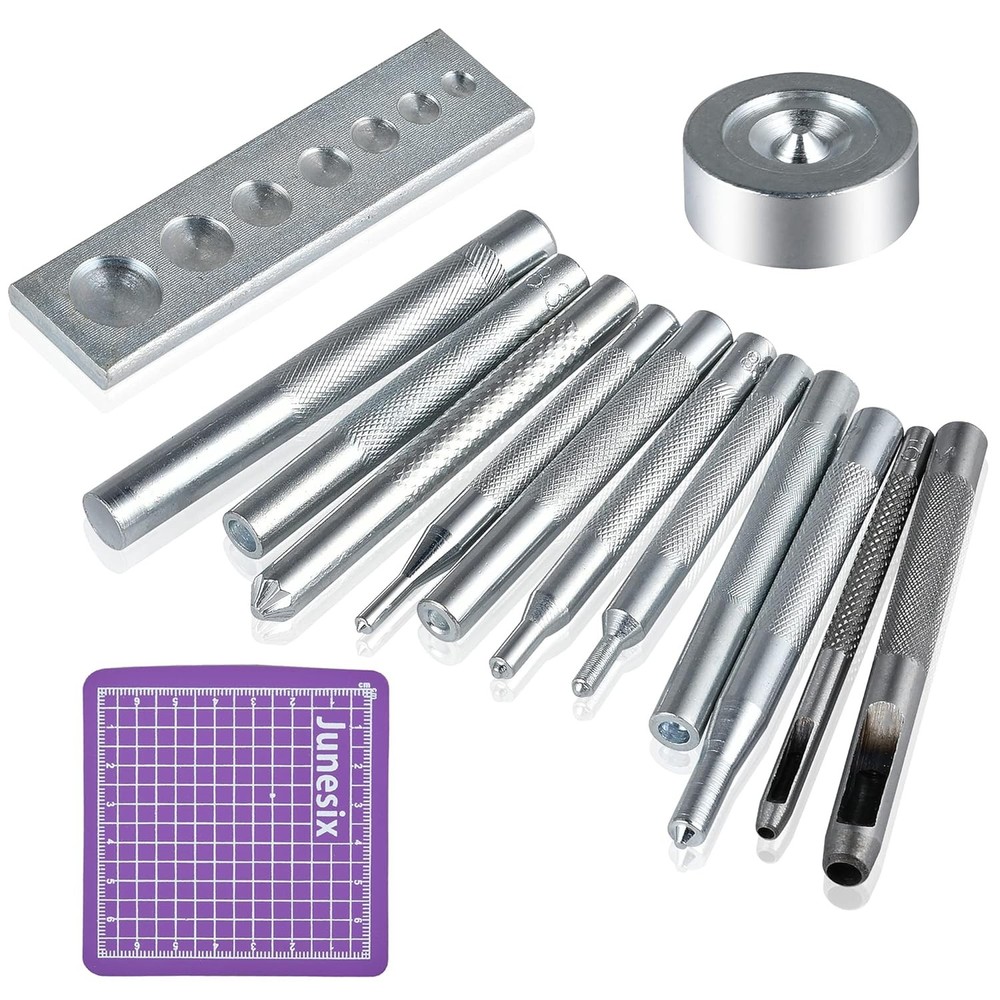 14Pcs Rivet Setter, Leather Die Punch Snap kit, Stainless Steel Silver