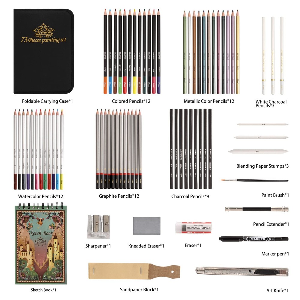 Tioucd 73 Pcs Drawing Kit – Professional Art Supplies Medium, Multicolor