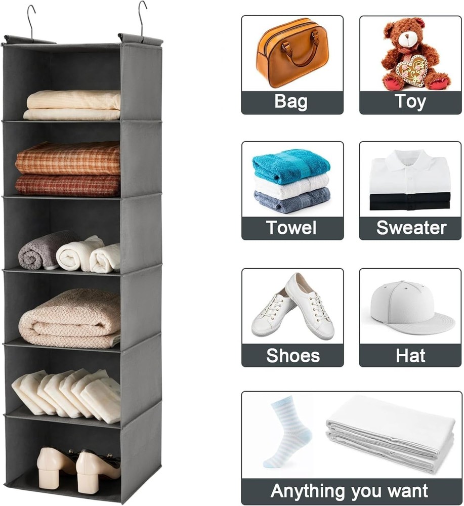 6 Tier Foldable Hanging Closet Organizer with Strong Hooks for Efficient Storage