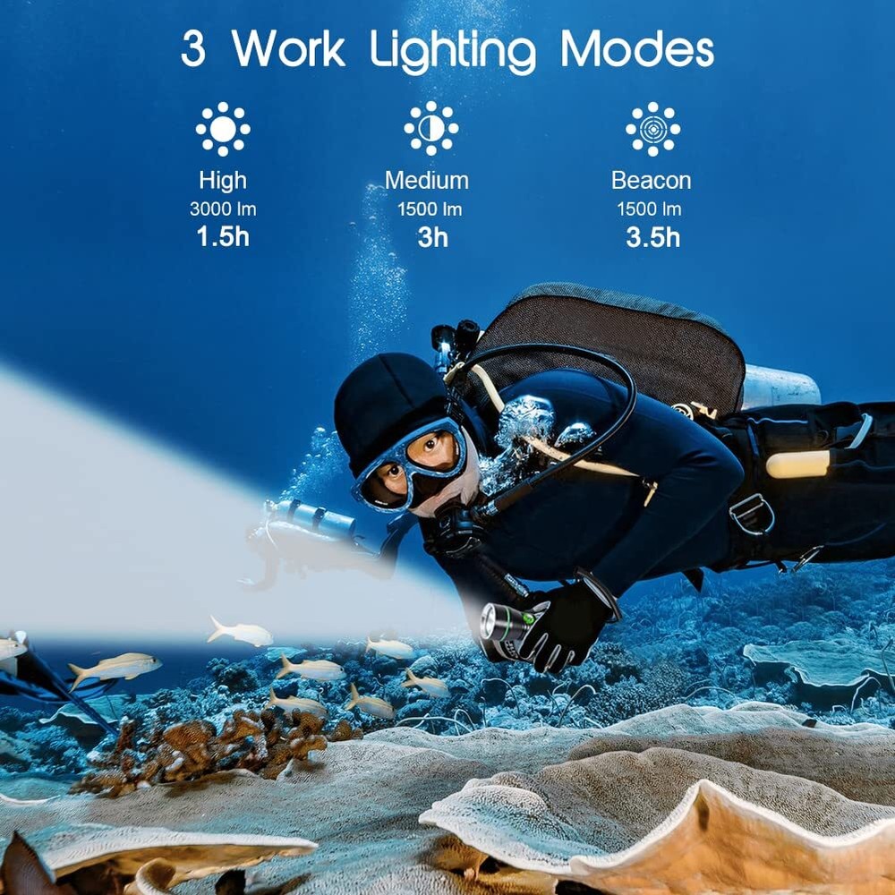 AP30 3000lm Diving Flashlight with 3 Modes, Power Indicator, IPX8 Waterproof ...