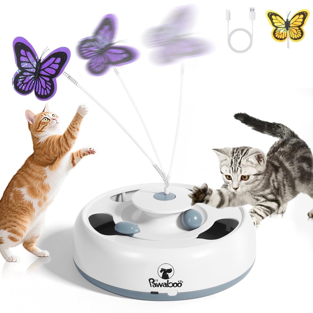 Pawaboo 3-in-1 Automatic Interactive Cat Toy, Electronic Motion White+Gray