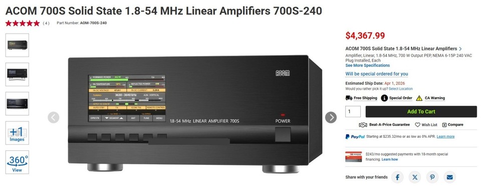 Acom 700S Solid State Linear Amp 1.8-54 MHz 700W Excellent! manufactured 2022