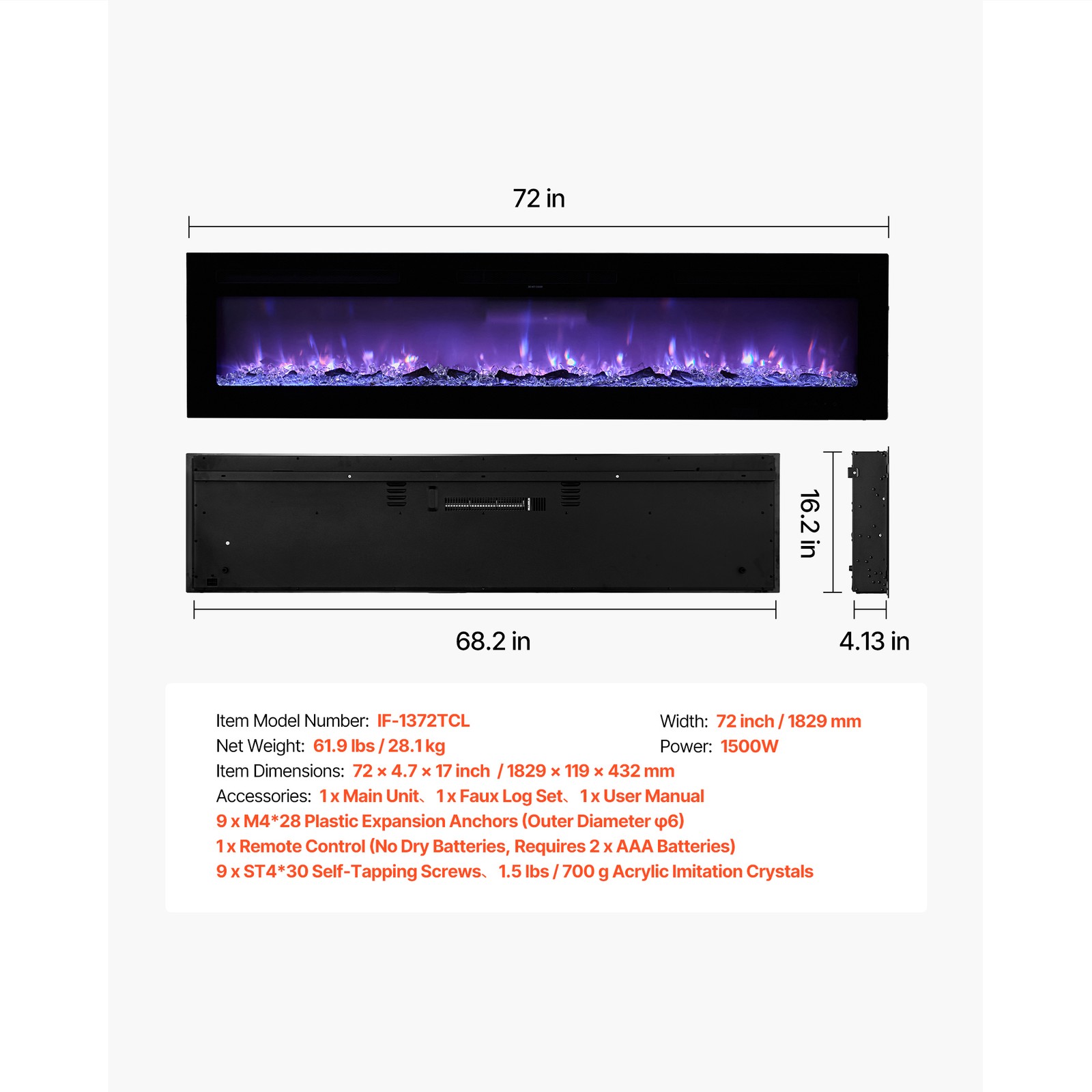 Uimoso 72-Inch Wall-Mounted & Recessed Electric Fireplace with Remote, 1500W